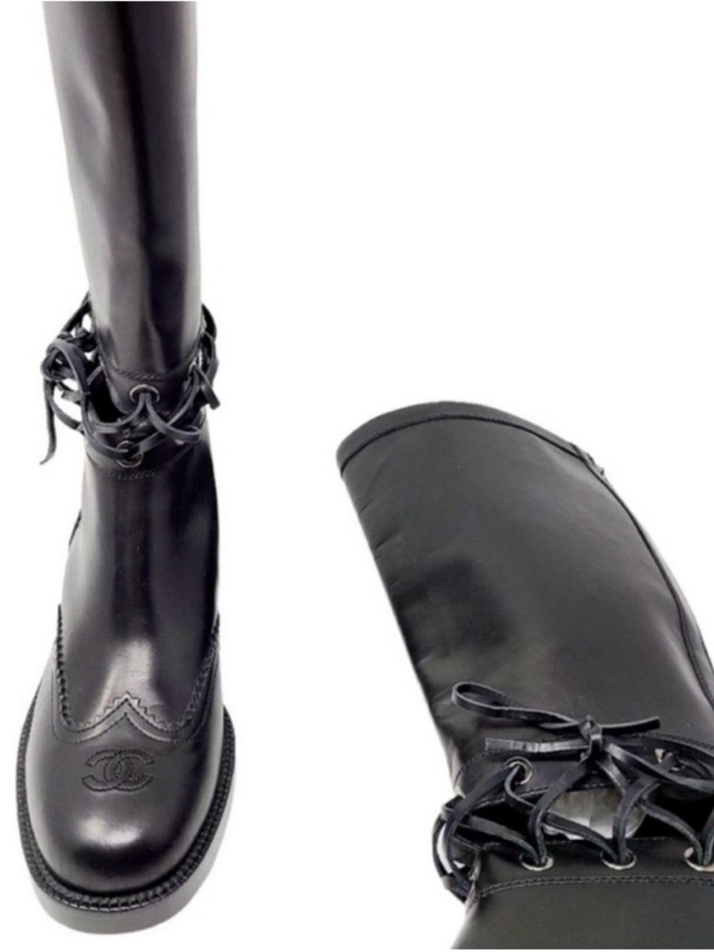 CHANEL Lagerfeld Fall 2016 Black Leather Knee High Laced Equestrian Riding Boot - Picture 8 of 14
